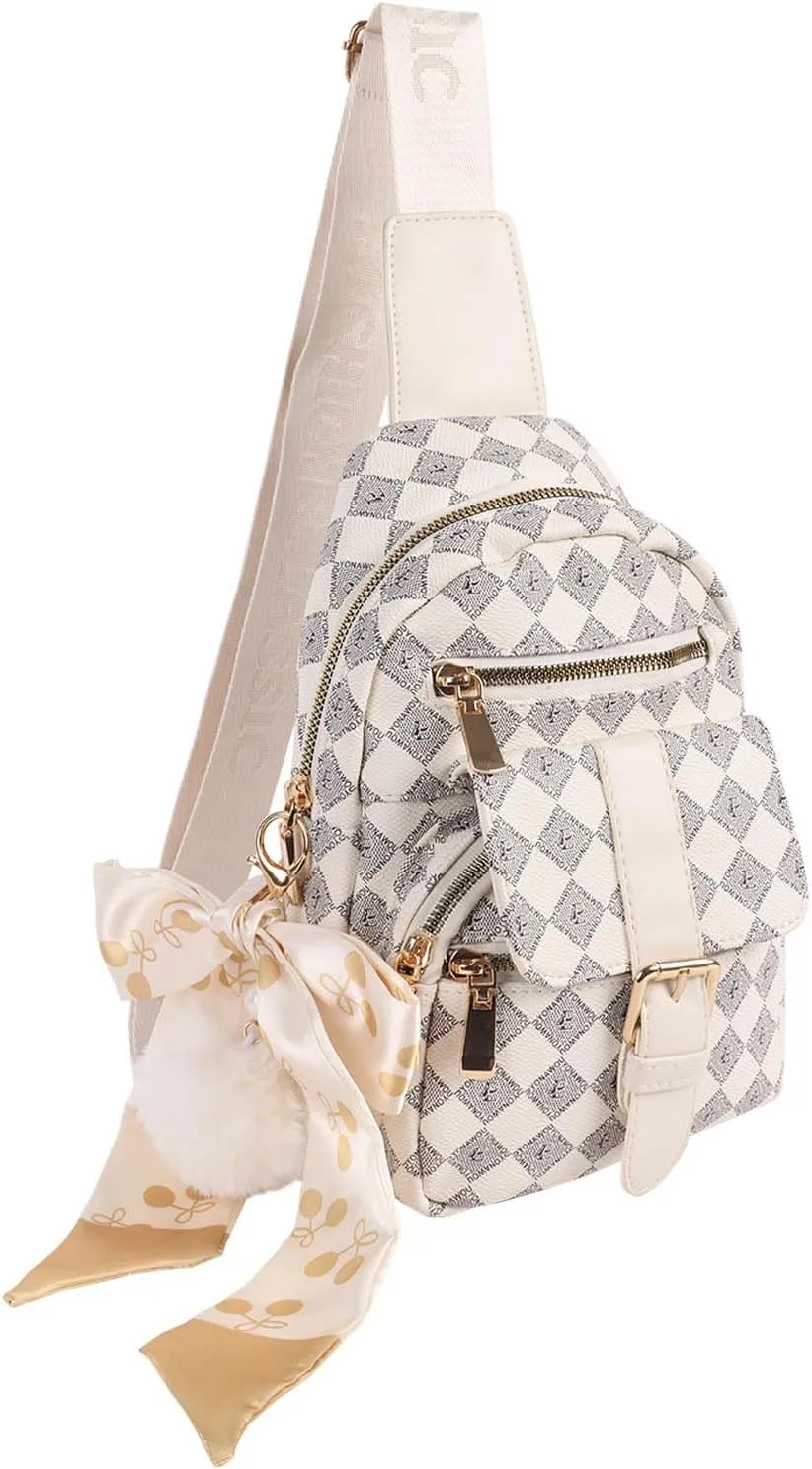 Sling Bag Fanny Pack for Women, Women's Leather Crossbody Bag with Adjustable Strap Trendy Fanny Pack Checkered Waist Bag Chest Bag for Travel Sport Cycling Walking Hiking (White)