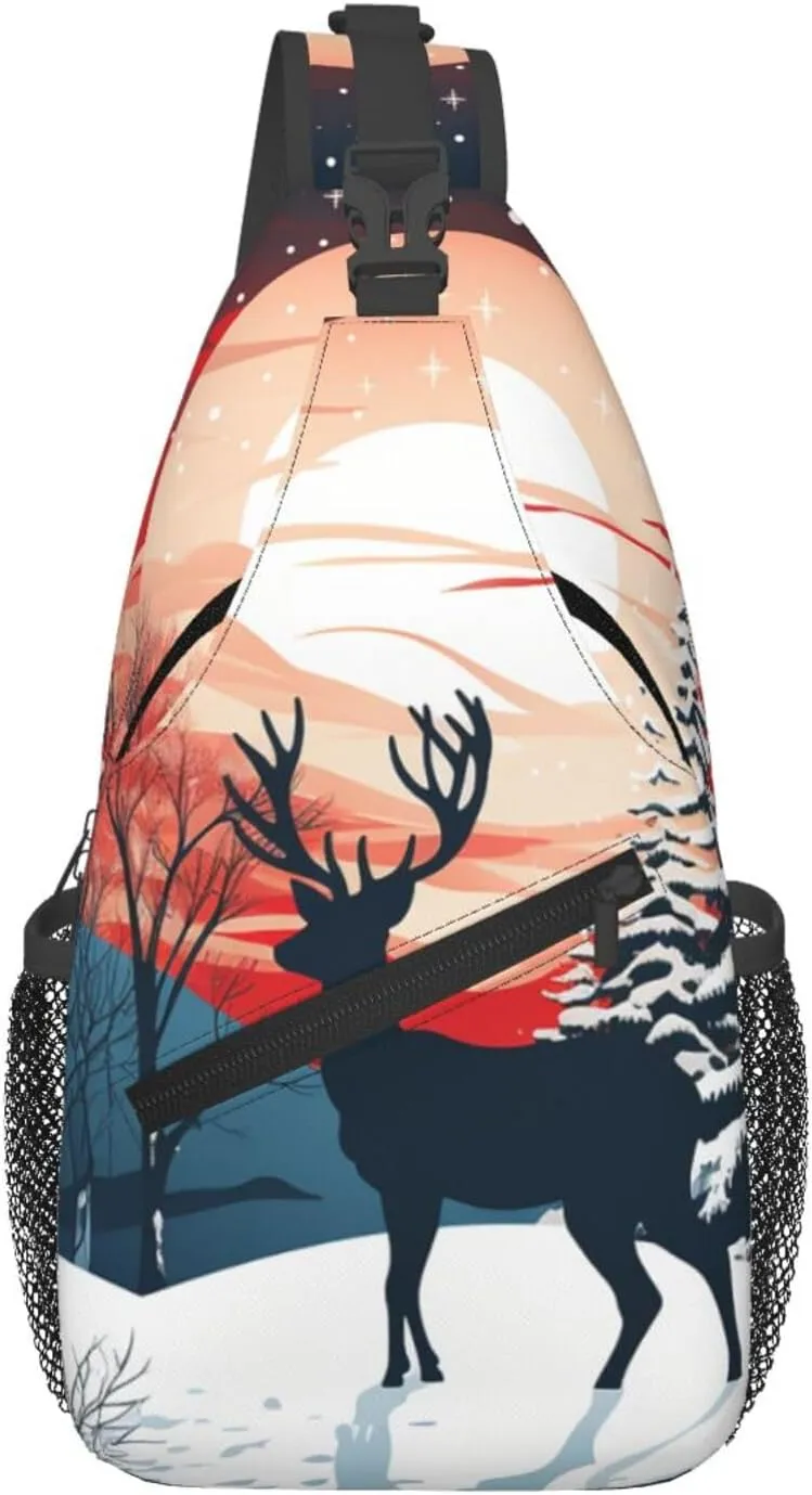 Sling Bag for Women Men Chest Bag Christmas Winter Landscape Deer Crossbody Bag Sling Backpack Fanny Packs Hiking Daypack for Travel