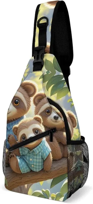 Sling Bag for Women Men Chest Bag Sloth Family Crossbody Bag Small Sling Backpack Daypack Fanny Packs