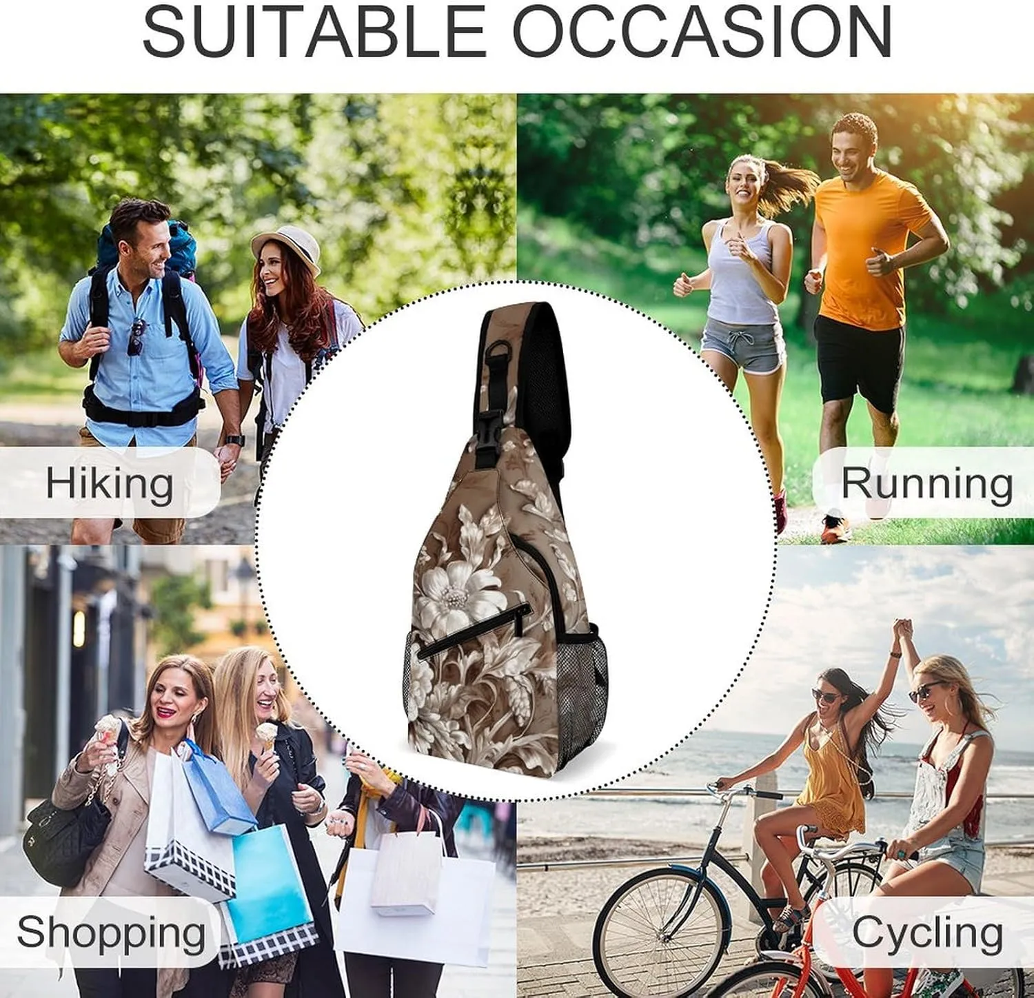 Sling Bag for Women Men Daypack Brown Floral Design Chest Bag Crossbody Backpack for Hiking Travel