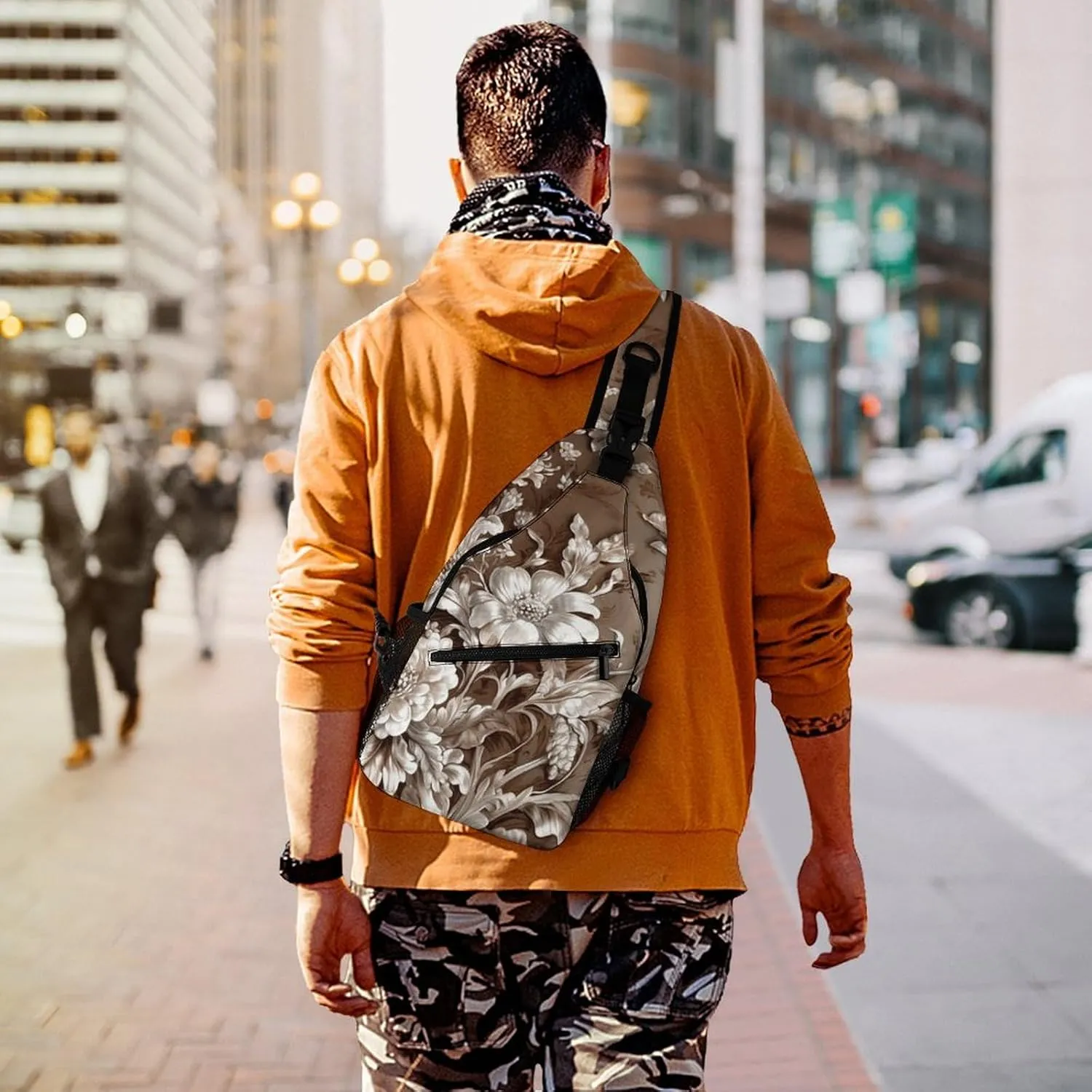 Sling Bag for Women Men Daypack Brown Floral Design Chest Bag Crossbody Backpack for Hiking Travel