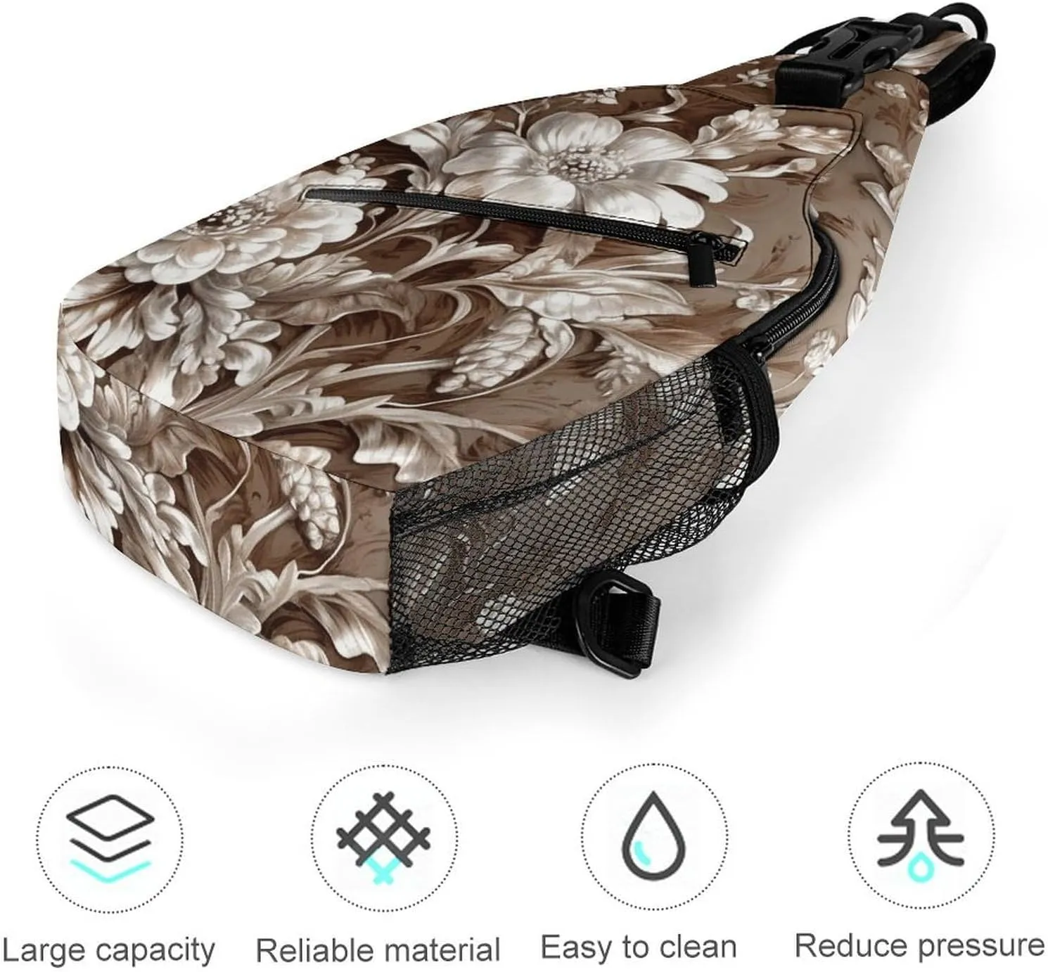 Sling Bag for Women Men Daypack Brown Floral Design Chest Bag Crossbody Backpack for Hiking Travel