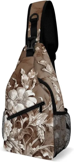 Sling Bag for Women Men Daypack Brown Floral Design Chest Bag Crossbody Backpack for Hiking Travel
