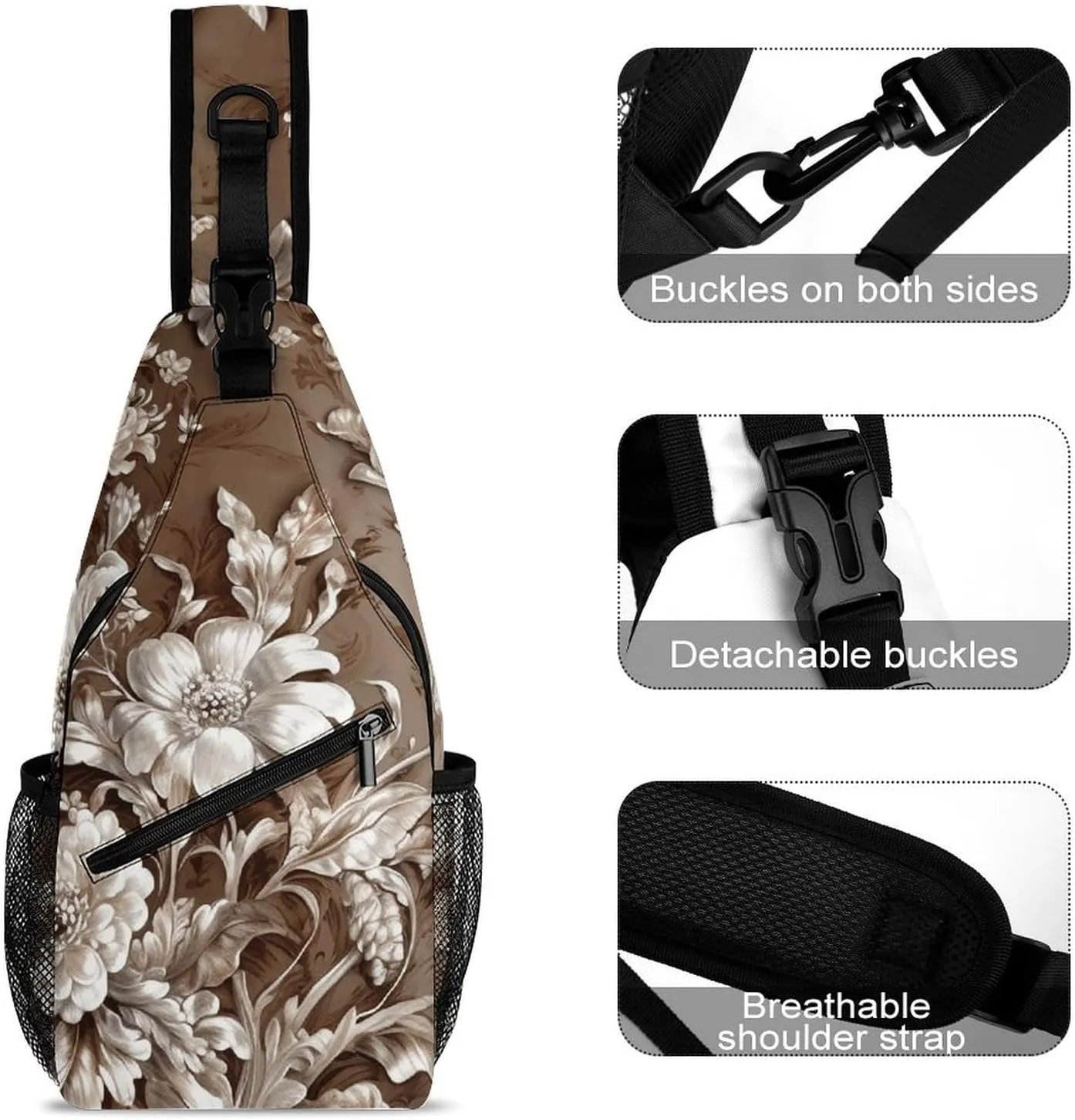 Sling Bag for Women Men Daypack Brown Floral Design Chest Bag Crossbody Backpack for Hiking Travel