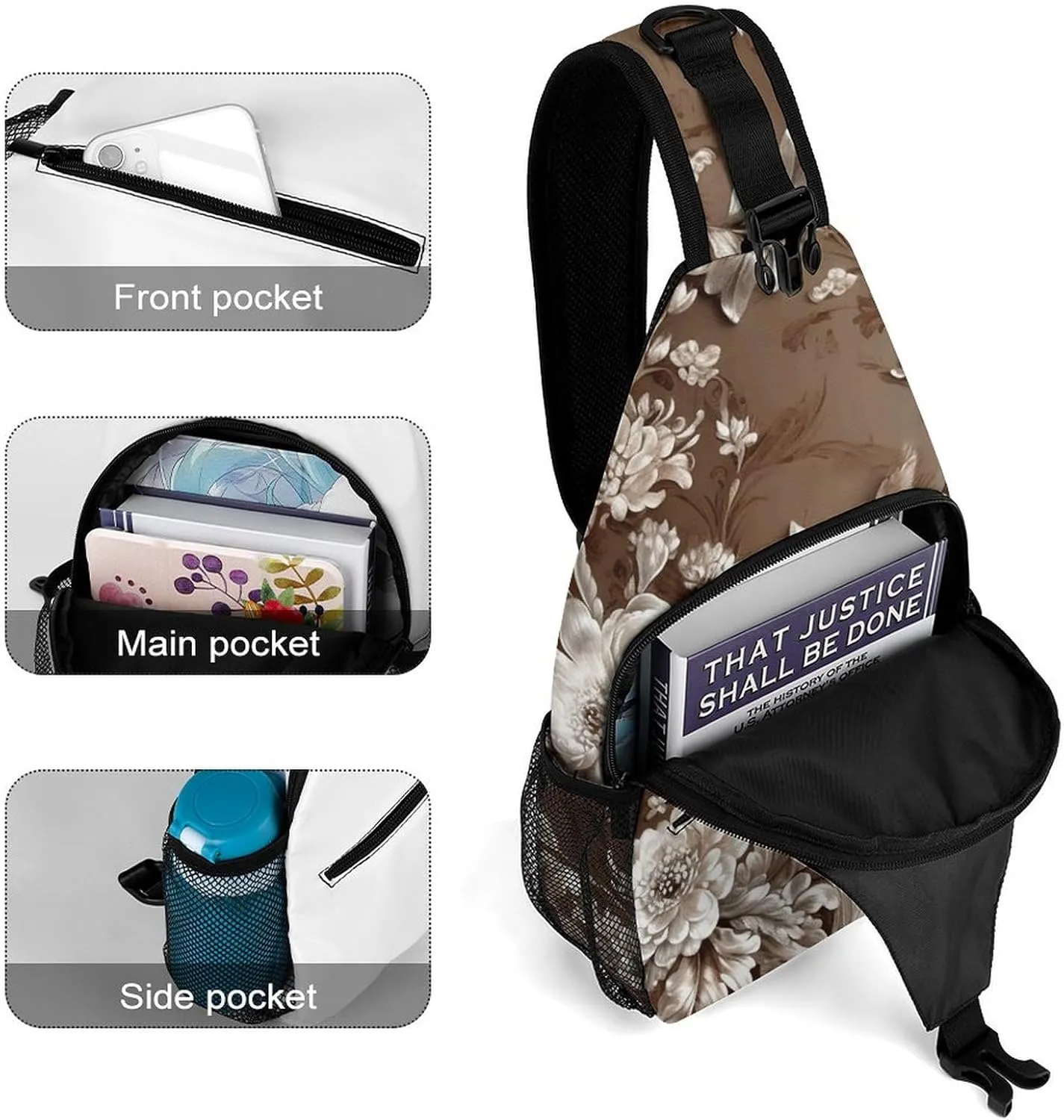 Sling Bag for Women Men Daypack Brown Floral Design Chest Bag Crossbody Backpack for Hiking Travel