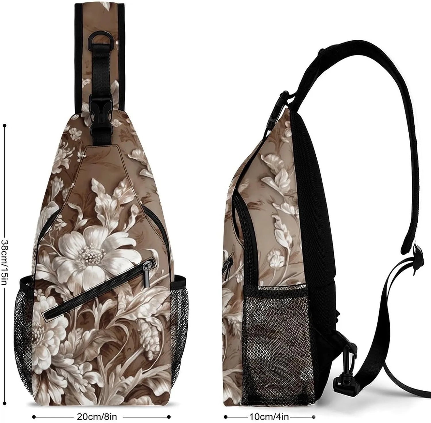 Sling Bag for Women Men Daypack Brown Floral Design Chest Bag Crossbody Backpack for Hiking Travel