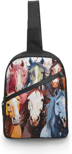 Sling Bag for Women Men Daypack Colourful Cartoon Horses Chest Bag Crossbody Backpack for Hiking Travel