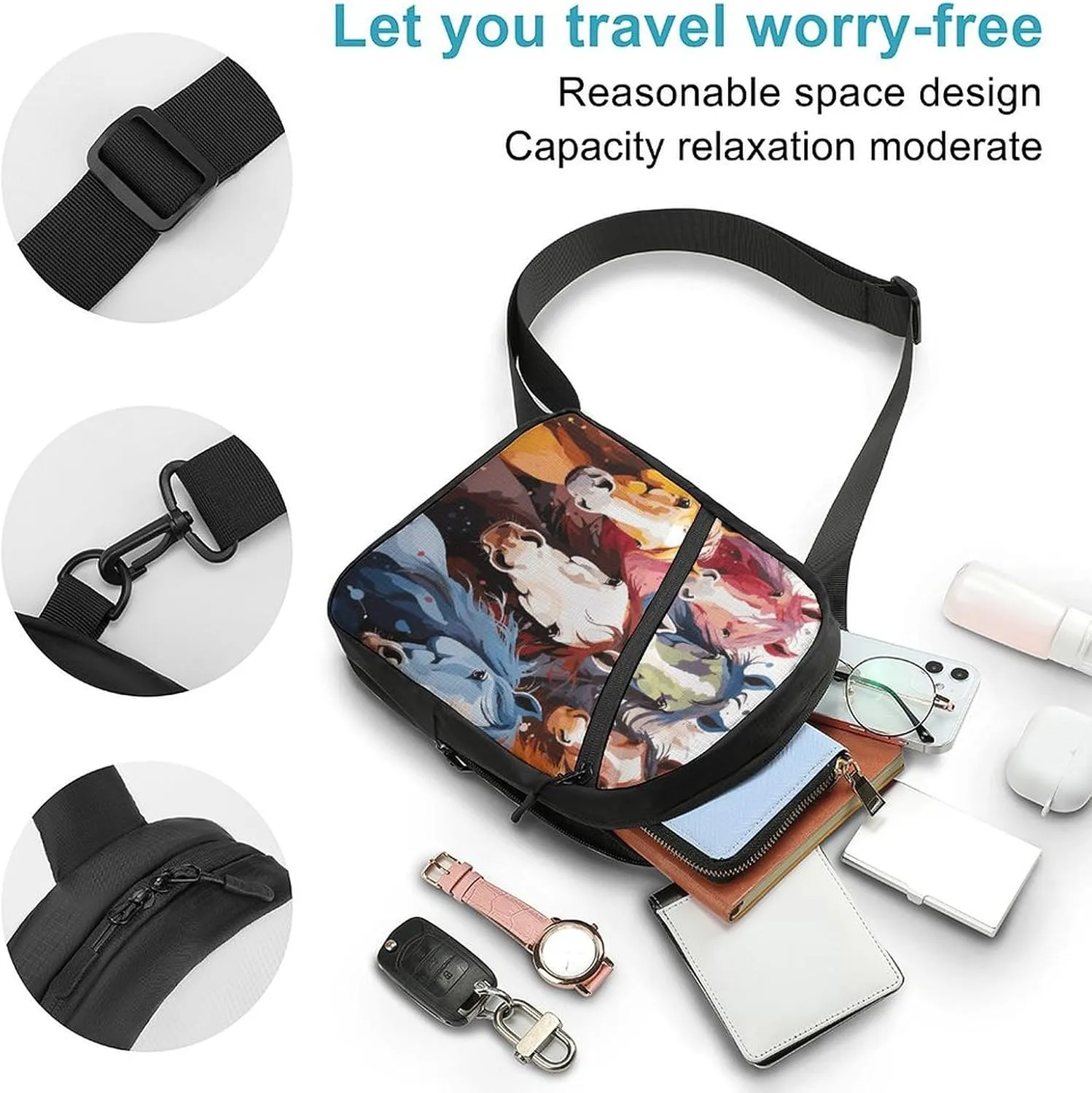 Sling Bag for Women Men Daypack Colourful Cartoon Horses Chest Bag Crossbody Backpack for Hiking Travel