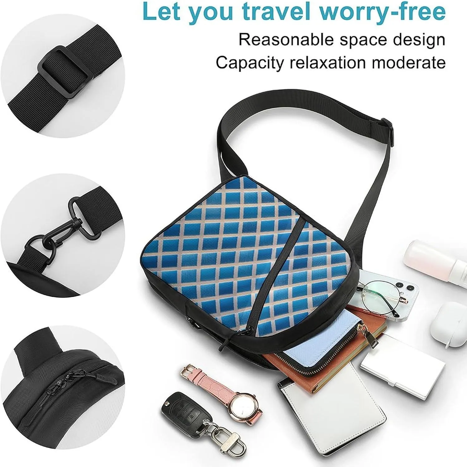 Sling Bag for Women Men Daypack Diamond Blue Pattern Chest Bag Crossbody Backpack for Hiking Travel