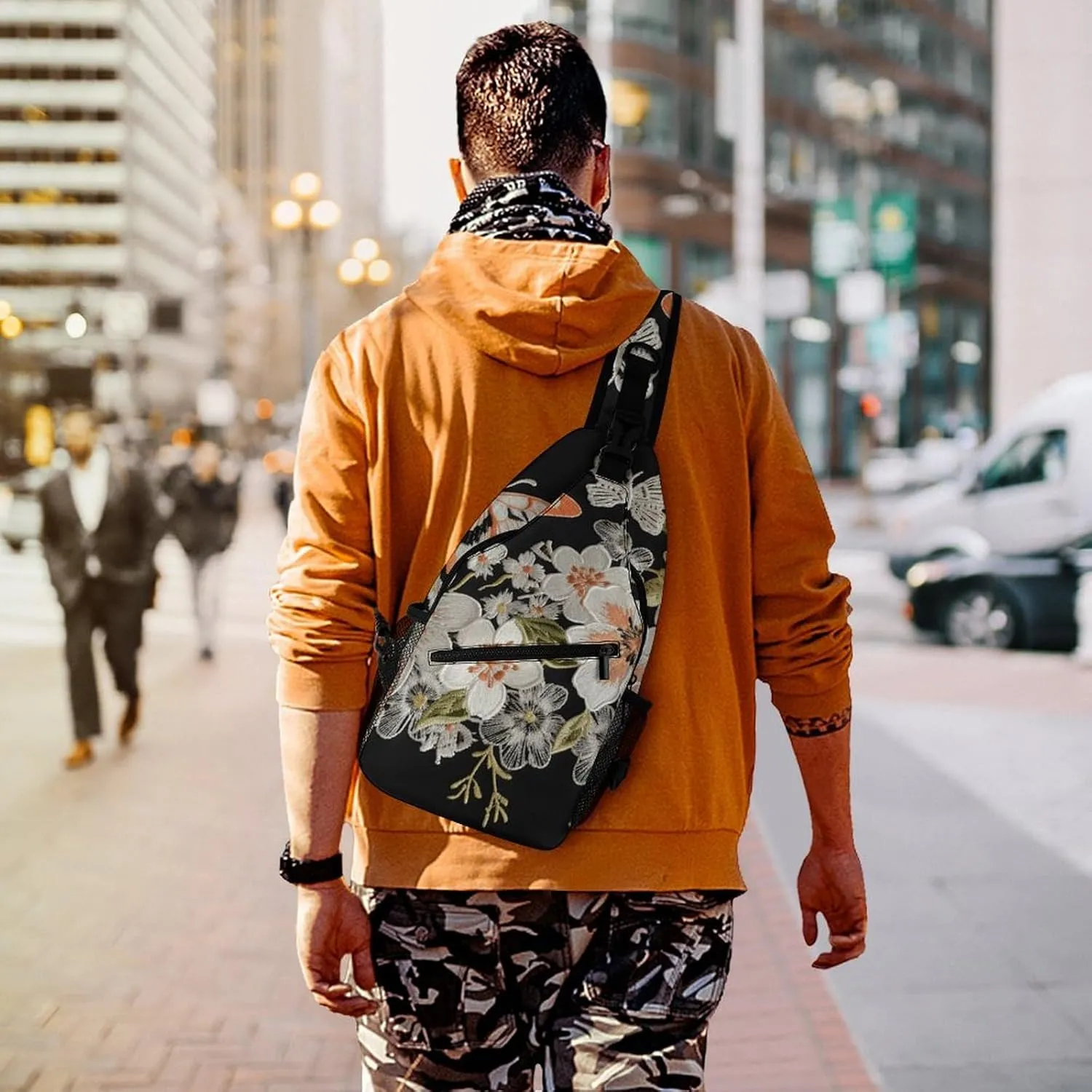 Sling Bag for Women Men Daypack Flowers And Butterflie Chest Bag Crossbody Backpack for Hiking Travel