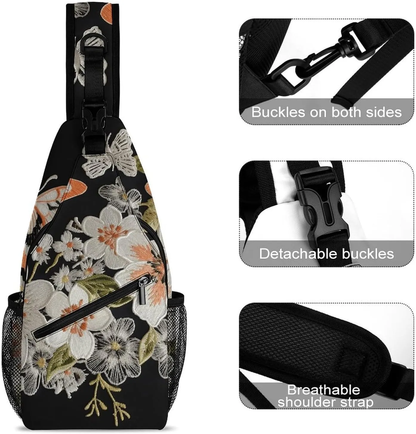 Sling Bag for Women Men Daypack Flowers And Butterflie Chest Bag Crossbody Backpack for Hiking Travel