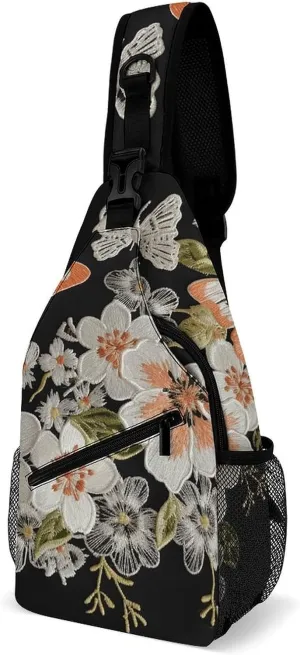 Sling Bag for Women Men Daypack Flowers And Butterflie Chest Bag Crossbody Backpack for Hiking Travel