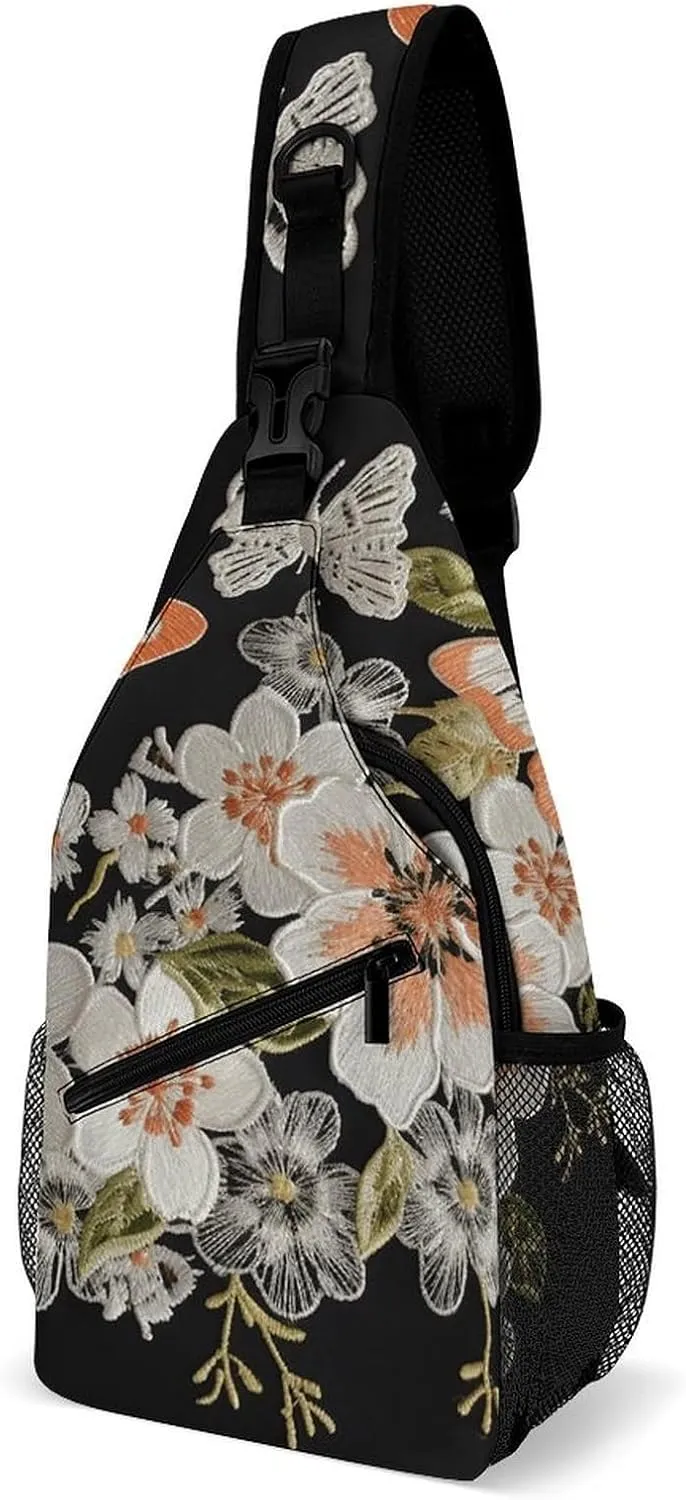 Sling Bag for Women Men Daypack Flowers And Butterflie Chest Bag Crossbody Backpack for Hiking Travel