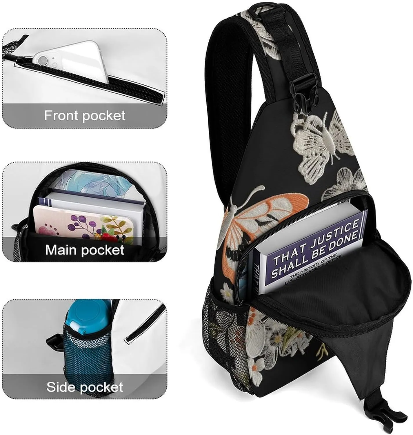 Sling Bag for Women Men Daypack Flowers And Butterflie Chest Bag Crossbody Backpack for Hiking Travel