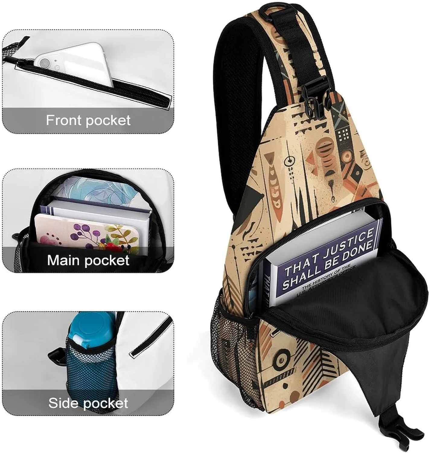 Sling Bag for Women Men Daypack Folk Style Pattern Chest Bag Crossbody Backpack for Hiking Travel