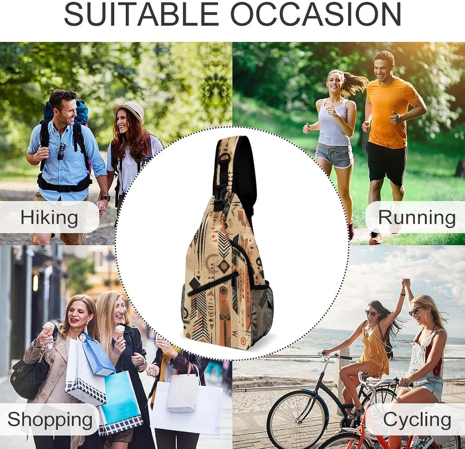 Sling Bag for Women Men Daypack Folk Style Pattern Chest Bag Crossbody Backpack for Hiking Travel