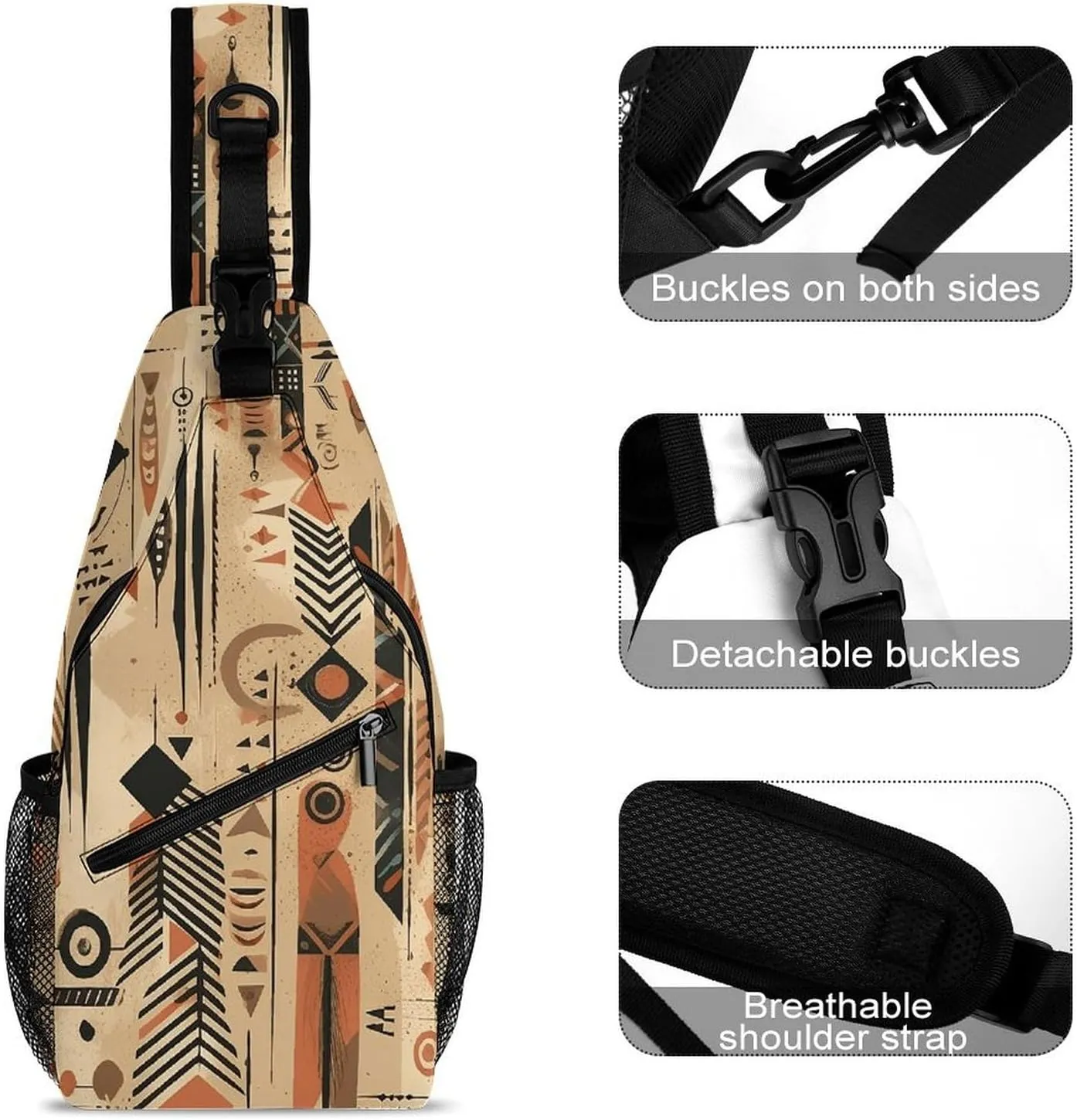 Sling Bag for Women Men Daypack Folk Style Pattern Chest Bag Crossbody Backpack for Hiking Travel