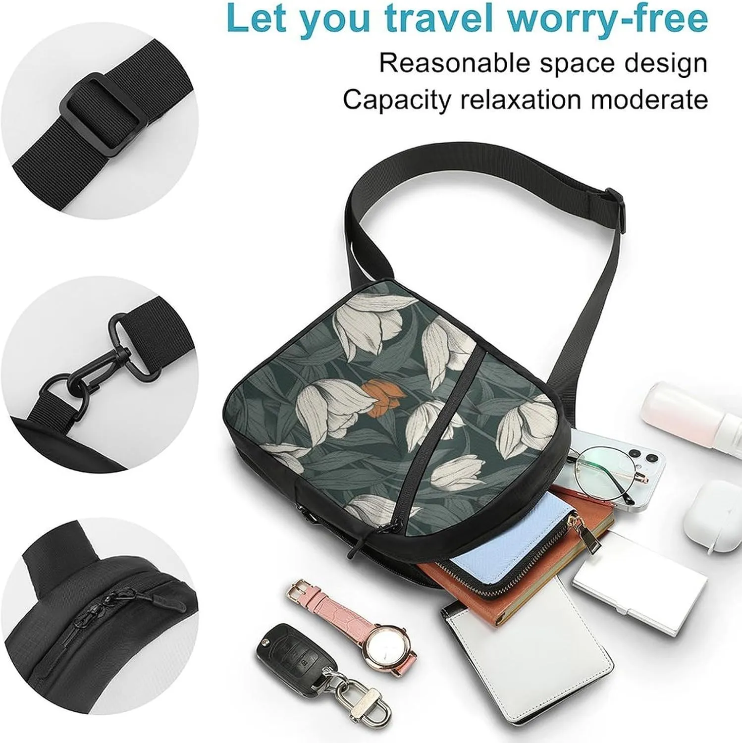 Sling Bag for Women Men Daypack Hand Drawn Flower Pattern Chest Bag Crossbody Backpack for Hiking Travel