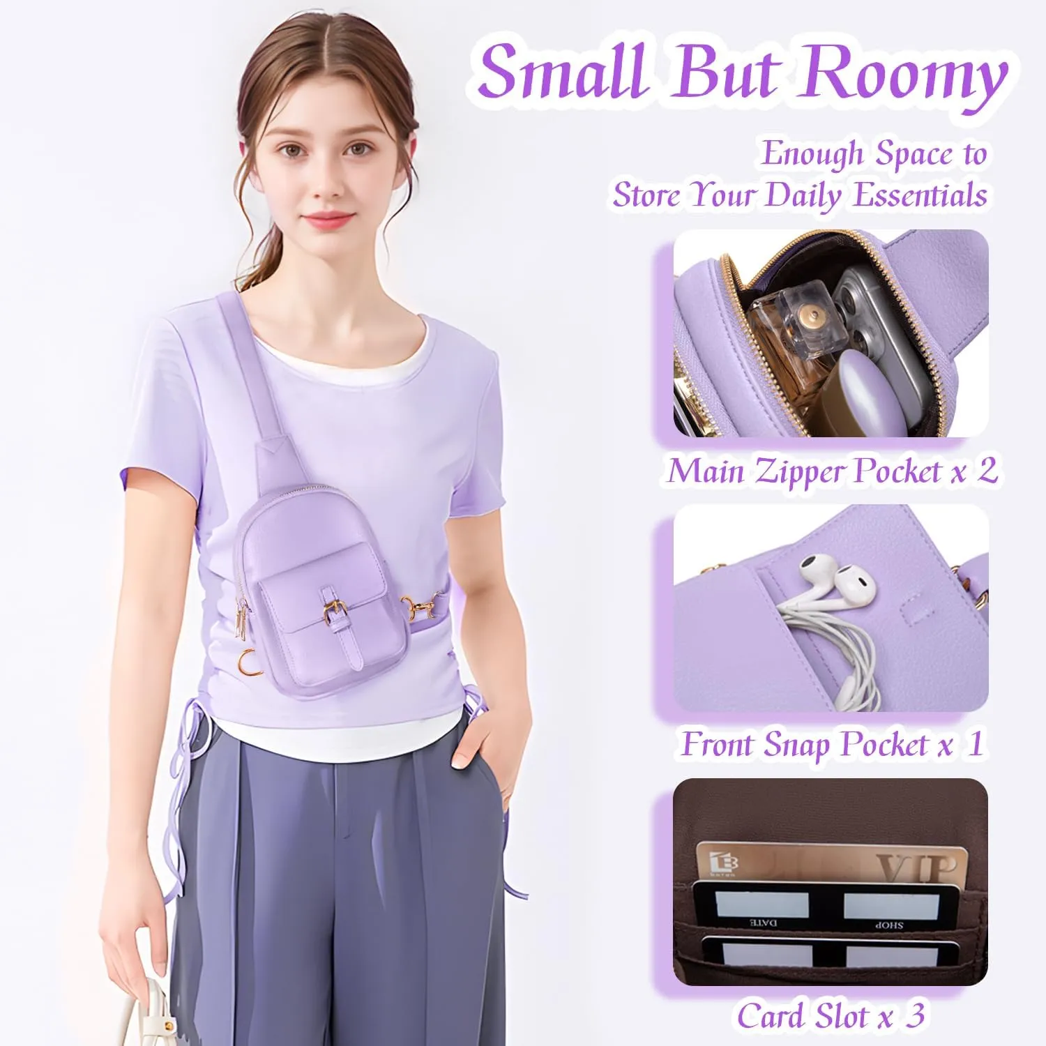 Small Sling Bag Fanny Pack for Girls Vegan Leather 3 Pockets Crossbody Purse for Women Gift for Teen Girls Stuff