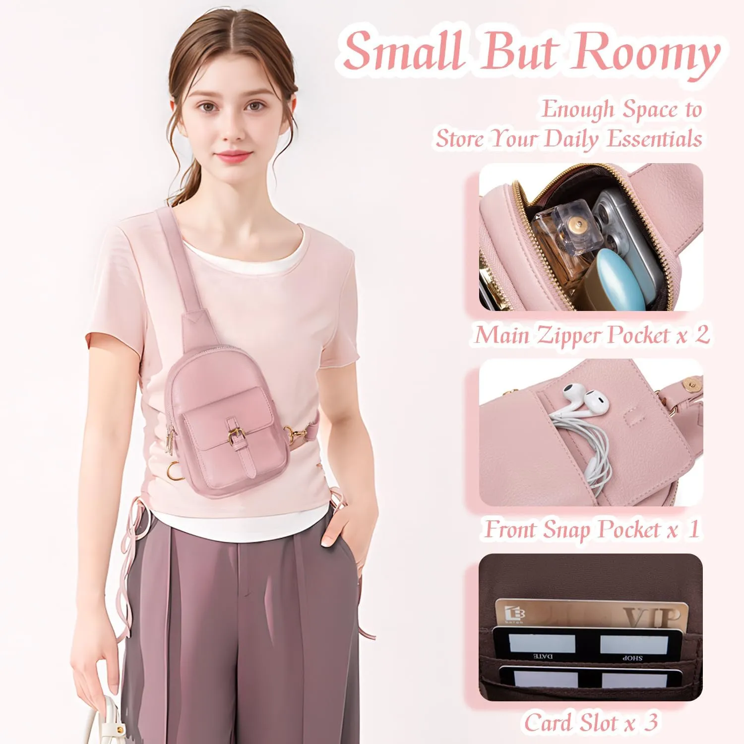 Small Sling Bag Fanny Pack for Girls Vegan Leather 3 Pockets Crossbody Purse for Women Gift for Teen Girls Stuff