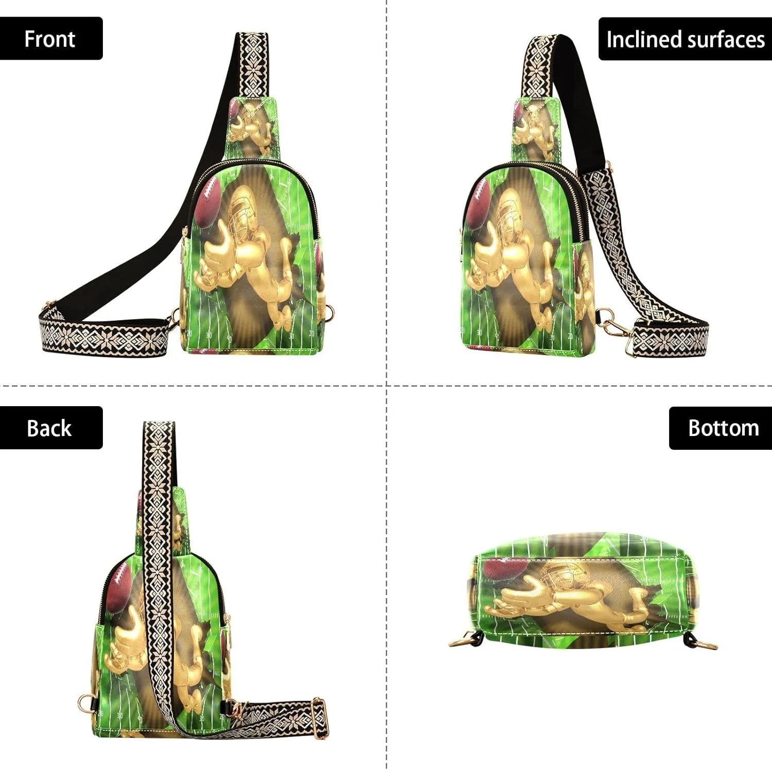 Small Sling Bag for Women American Football Golden Leather Fanny Pack Crossbody Bag Green Playground Chest Bag Trendy Fashion Waist Packs for Outdoor Travel Sports Hiking Outfit