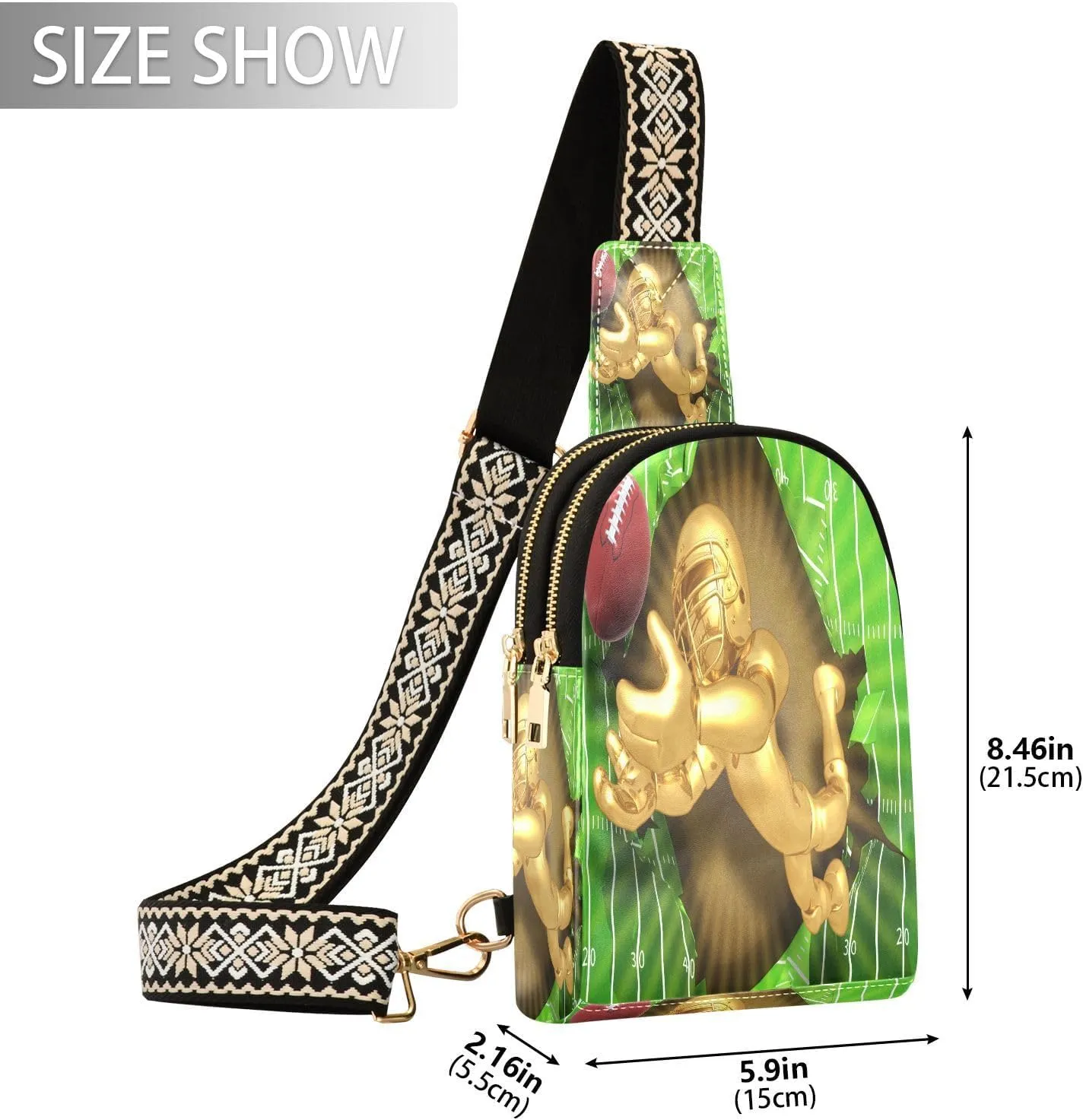 Small Sling Bag for Women American Football Golden Leather Fanny Pack Crossbody Bag Green Playground Chest Bag Trendy Fashion Waist Packs for Outdoor Travel Sports Hiking Outfit