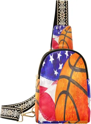 Small Sling Bag for Women Basketball Ball Leather Fanny Pack Crossbody Bag Us American Flag Chest Bag Trendy Fashion Waist Packs for Outdoor Travel Sports Hiking Outfit