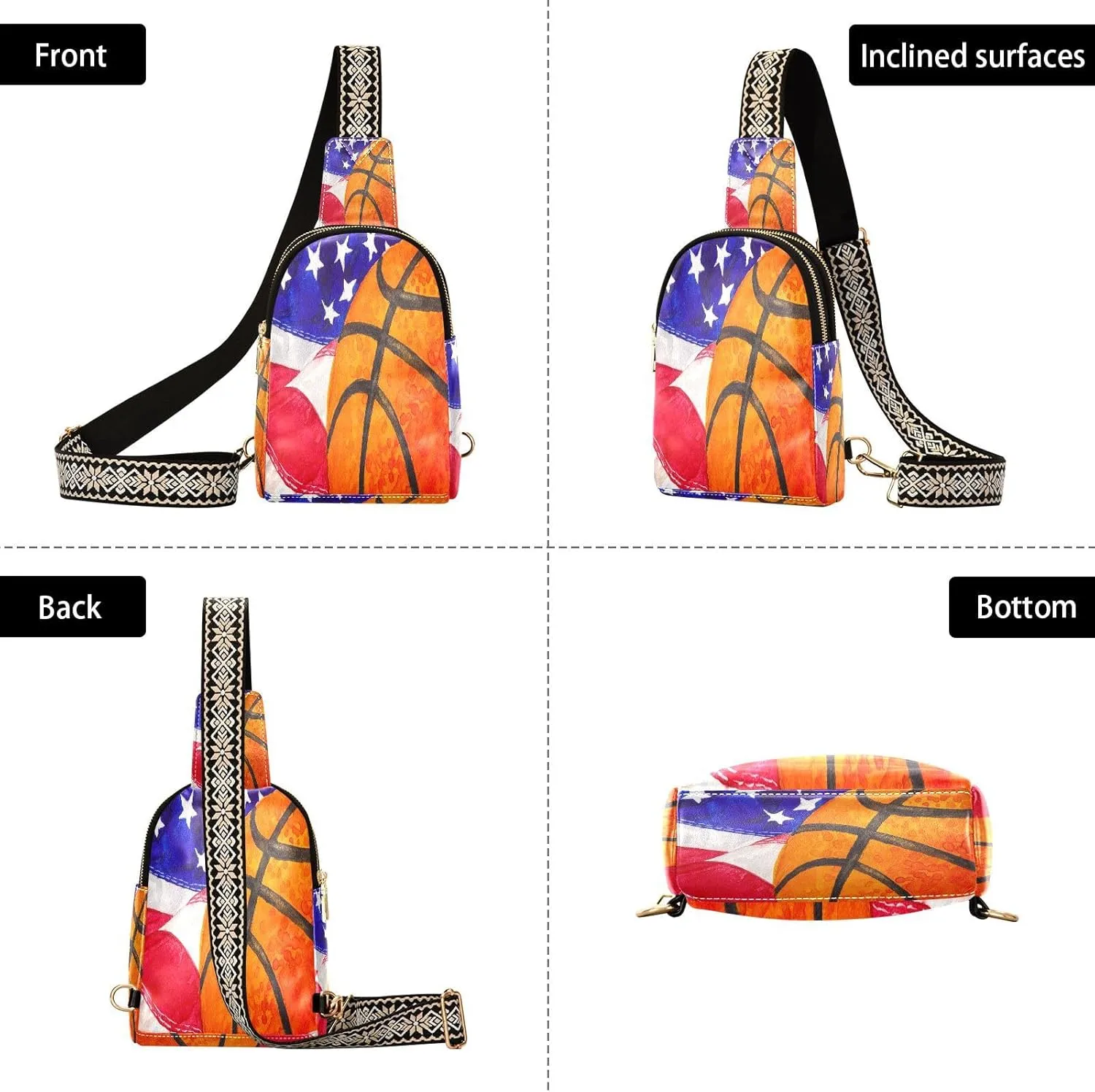 Small Sling Bag for Women Basketball Ball Leather Fanny Pack Crossbody Bag Us American Flag Chest Bag Trendy Fashion Waist Packs for Outdoor Travel Sports Hiking Outfit