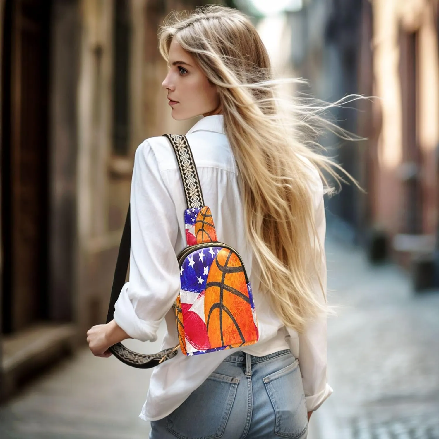 Small Sling Bag for Women Basketball Ball Leather Fanny Pack Crossbody Bag Us American Flag Chest Bag Trendy Fashion Waist Packs for Outdoor Travel Sports Hiking Outfit