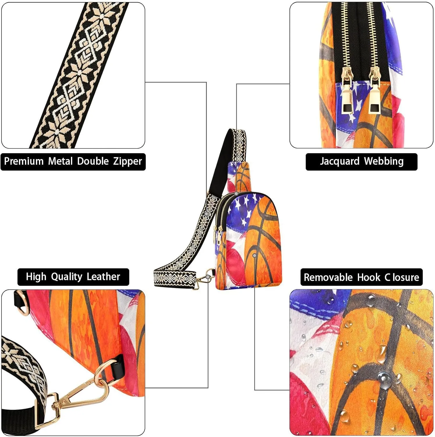 Small Sling Bag for Women Basketball Ball Leather Fanny Pack Crossbody Bag Us American Flag Chest Bag Trendy Fashion Waist Packs for Outdoor Travel Sports Hiking Outfit