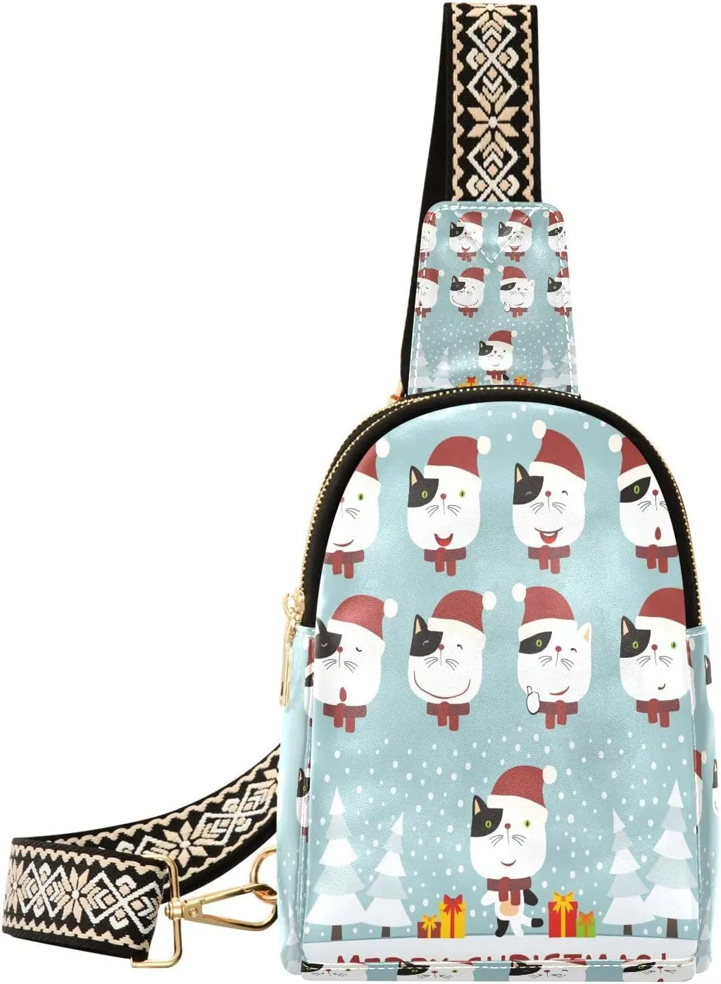 Small Sling Bag for Women Crossbody Santa Hat Cat Cute Trendy Crossbody Bag Fashion Waist Packs Merry Christmas Leather Chest Bag for Women Fanny Pack with Guitar Strap Travel Outdoor Outfit