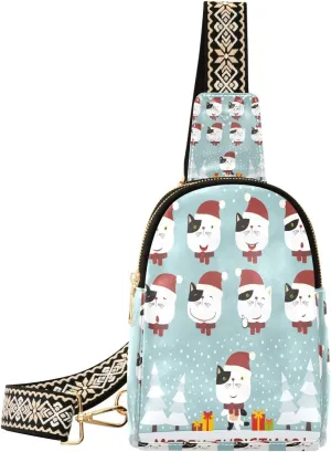 Small Sling Bag for Women Crossbody Santa Hat Cat Cute Trendy Crossbody Bag Fashion Waist Packs Merry Christmas Leather Chest Bag for Women Fanny Pack with Guitar Strap Travel Outdoor Outfit