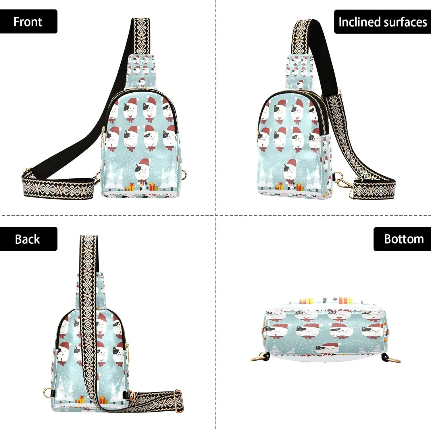 Small Sling Bag for Women Crossbody Santa Hat Cat Cute Trendy Crossbody Bag Fashion Waist Packs Merry Christmas Leather Chest Bag for Women Fanny Pack with Guitar Strap Travel Outdoor Outfit