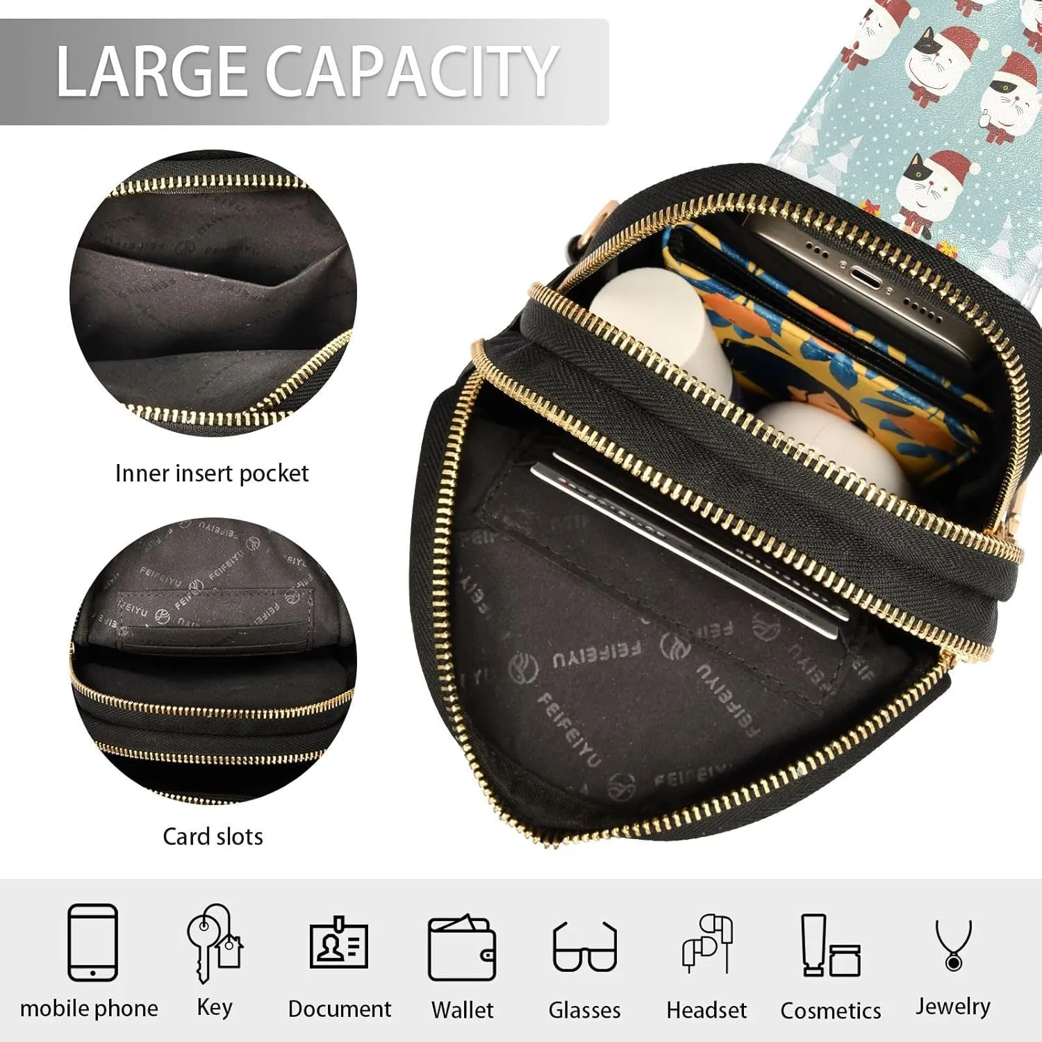 Small Sling Bag for Women Crossbody Santa Hat Cat Cute Trendy Crossbody Bag Fashion Waist Packs Merry Christmas Leather Chest Bag for Women Fanny Pack with Guitar Strap Travel Outdoor Outfit