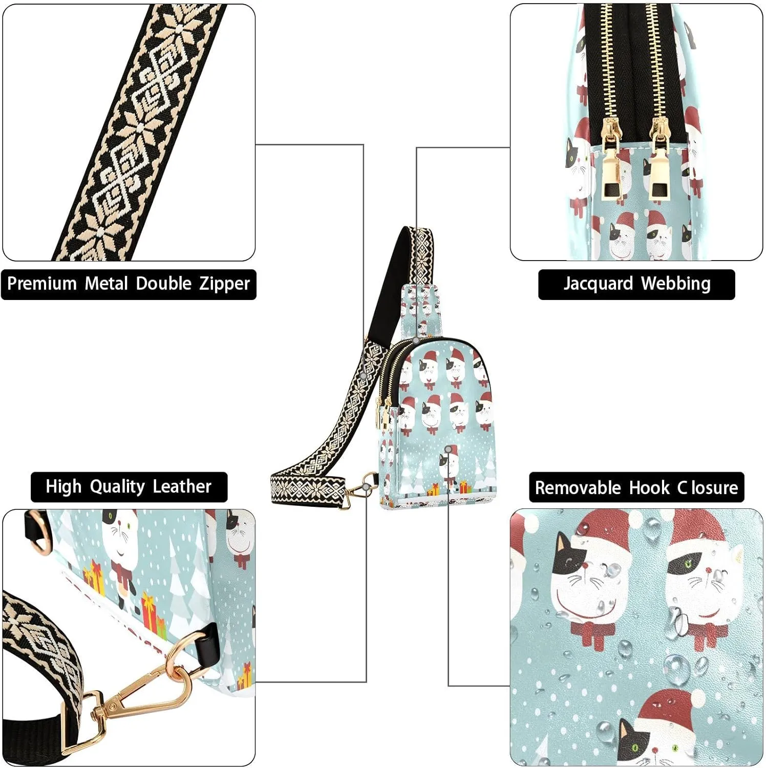 Small Sling Bag for Women Crossbody Santa Hat Cat Cute Trendy Crossbody Bag Fashion Waist Packs Merry Christmas Leather Chest Bag for Women Fanny Pack with Guitar Strap Travel Outdoor Outfit