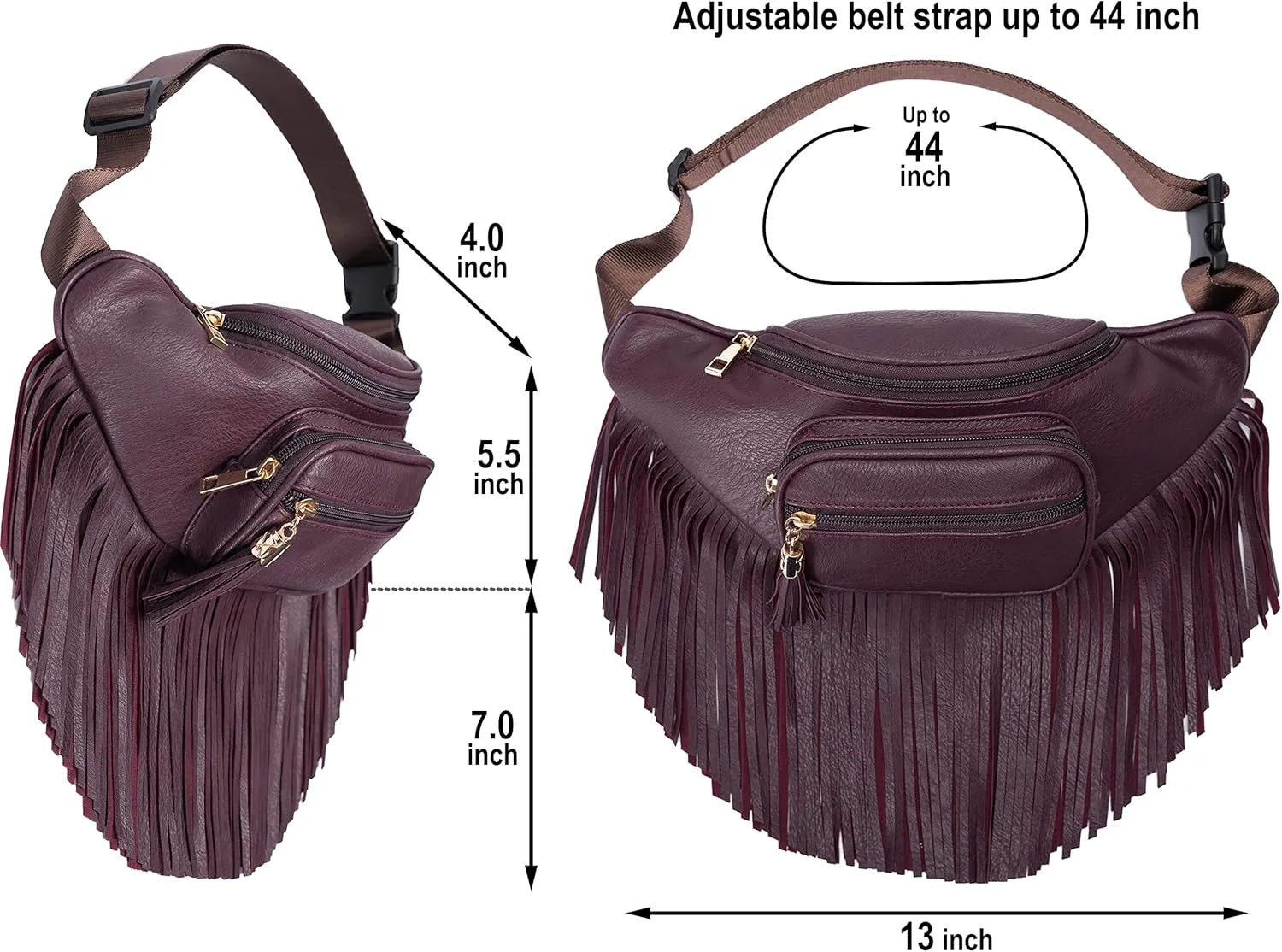 Solene Fringe Waist bag for women with Multi Zipper Pockets