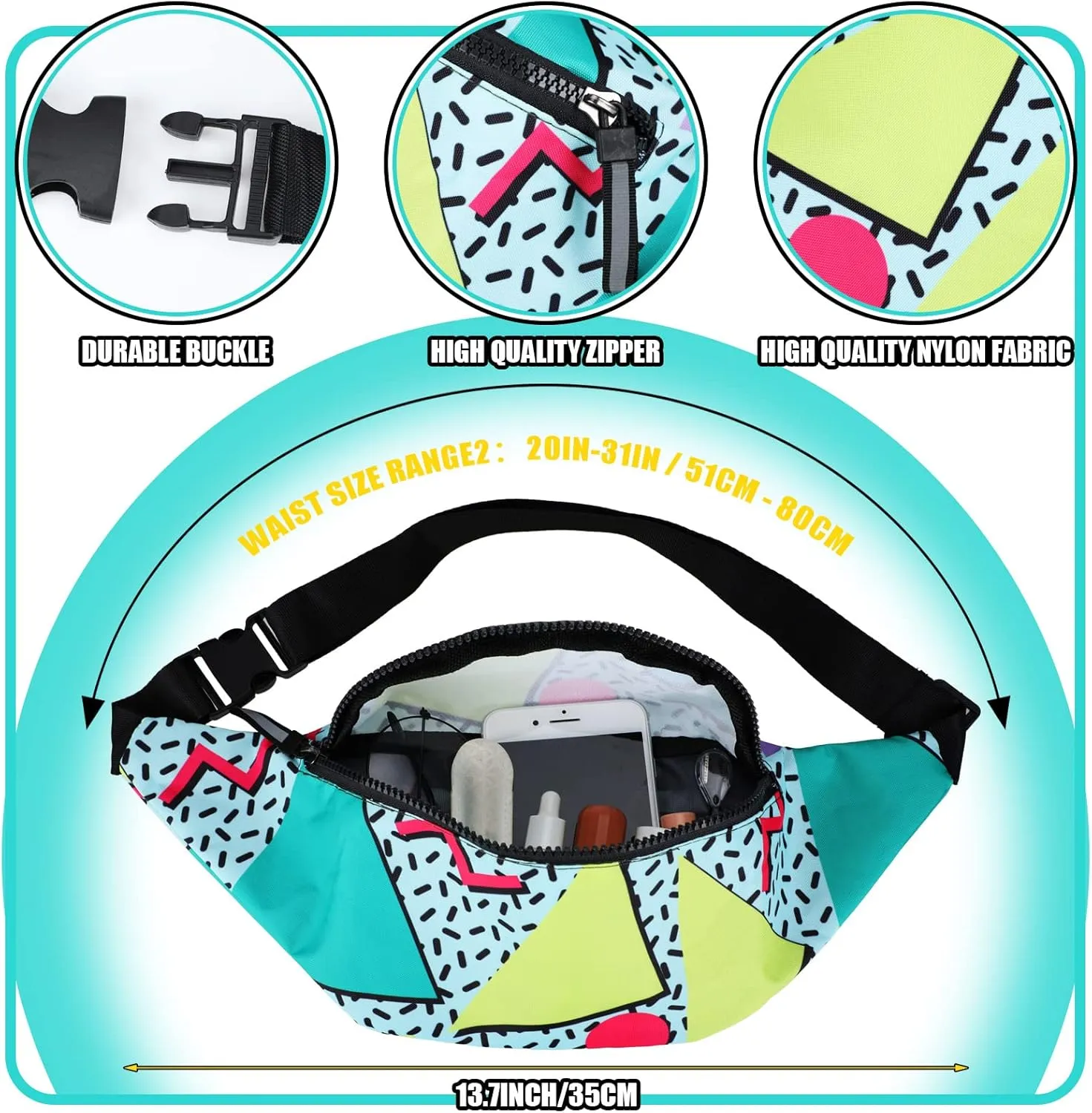Sotiff 2 Pcs 80s 90s Fanny Pack Retro Waist Packs for Men Women Adjustable Casual Waist Bag Neon Cute Vintage Hiking Belt Bags for Travel Party Festival Hiking(Neon Style)