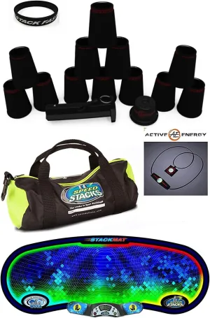 Speed Stacks The Works Custom Combo Set: 12 PRO Series PS2x Stealth Black 4" Cups, Mat, Gear Bag   Active E Necklace $49 Value