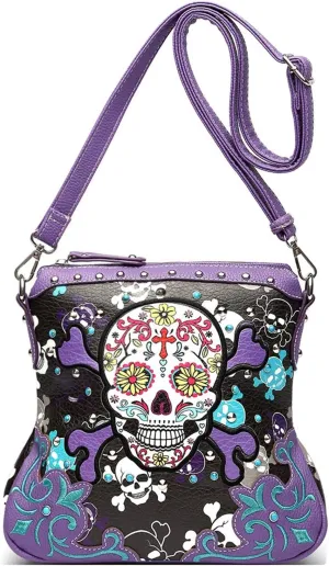 Sugar Skull Day of the Dead Cross Bone Rock Metallic Purse Skeleton Leather Purse Women Crossbody Handbag Shoulder Bag