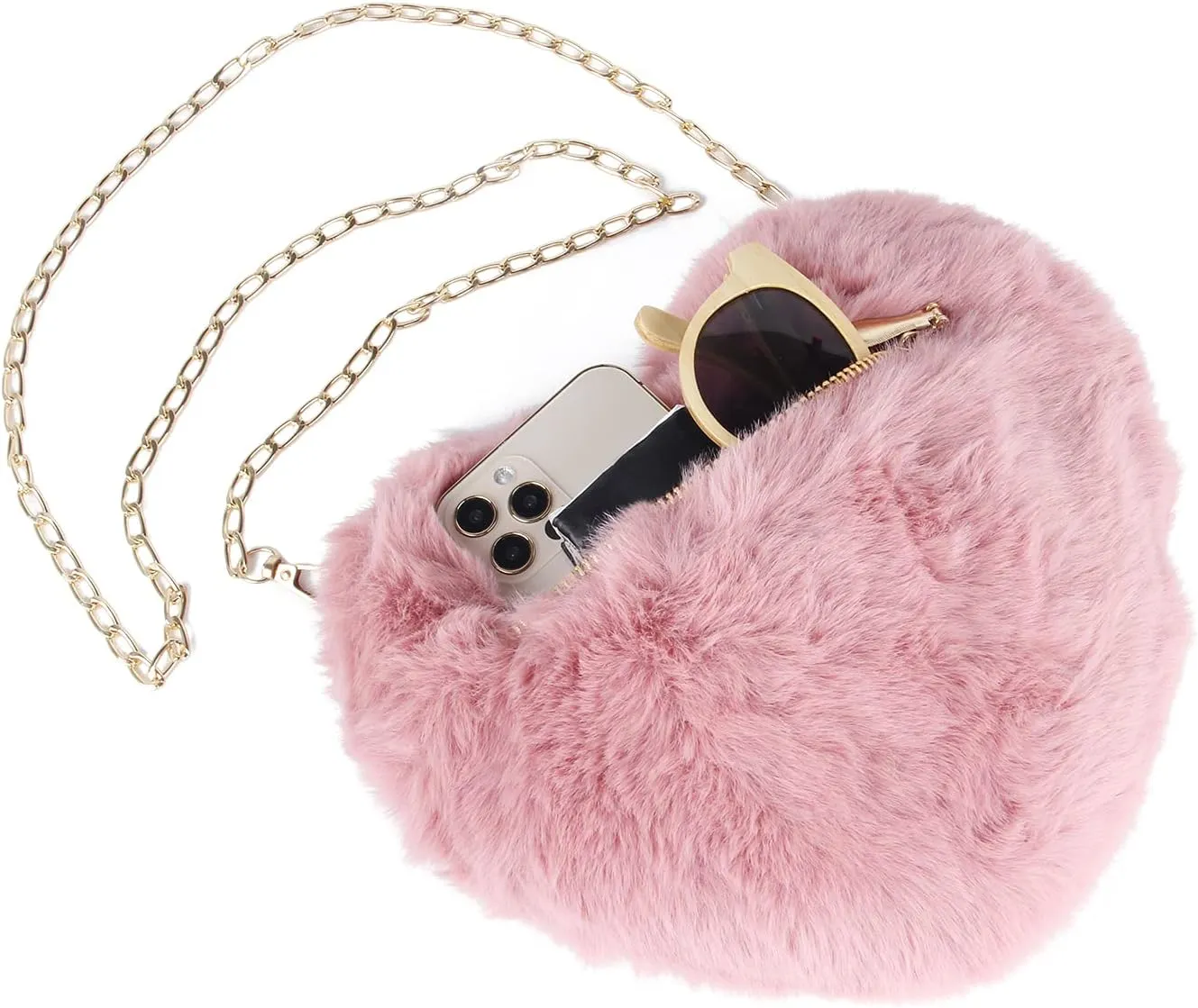 SUKUTU Faux Fur Purse Women's Heart Shaped Evening Handbags Small Cute Phone Crossbody Bag Clutches for Girls