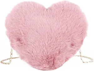 SUKUTU Faux Fur Purse Women's Heart Shaped Evening Handbags Small Cute Phone Crossbody Bag Clutches for Girls
