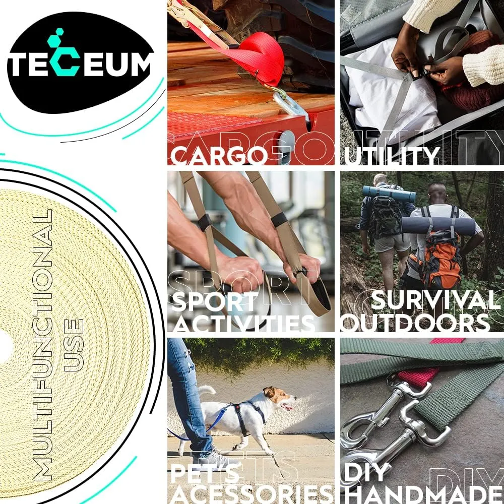 TECEUM 1" & 1.5" & 2" Webbing – 10 25 50 Yards – 40  Colors – Heavy Duty 1 Inch 1.5 Inch 2 Inch Webbing for Climbing Outdoors Indoors Crafting DIY