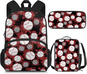 Teen Backpacks for Girls with Lunch Box Baseball Print School Bag 3 Piece Set for Boys Backpacks Ages 8-10 Lunch Bag Insulated Pencil Bag Case Elementary Student Bookbag Set