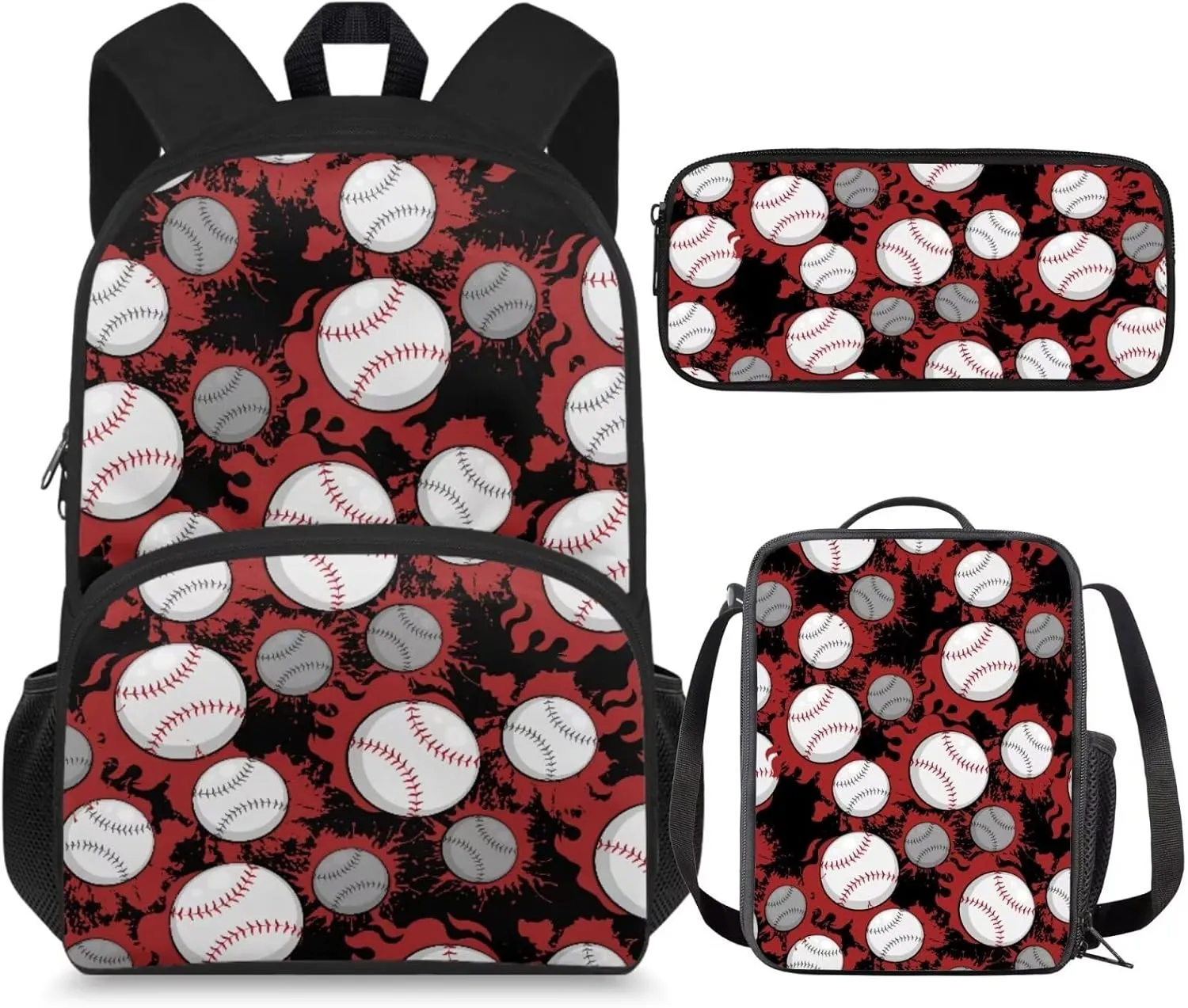 Teen Backpacks for Girls with Lunch Box Baseball Print School Bag 3 Piece Set for Boys Backpacks Ages 8-10 Lunch Bag Insulated Pencil Bag Case Elementary Student Bookbag Set