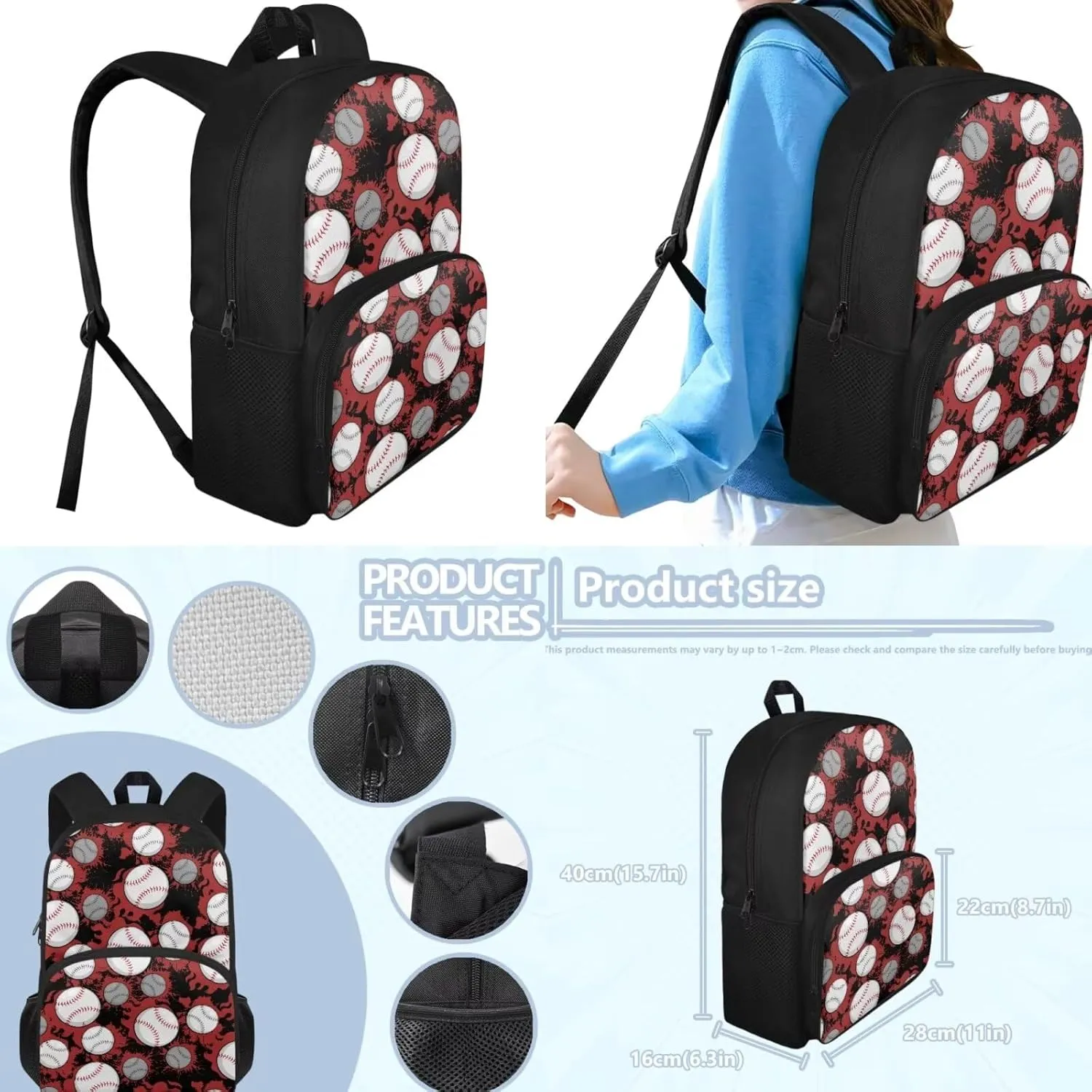 Teen Backpacks for Girls with Lunch Box Baseball Print School Bag 3 Piece Set for Boys Backpacks Ages 8-10 Lunch Bag Insulated Pencil Bag Case Elementary Student Bookbag Set