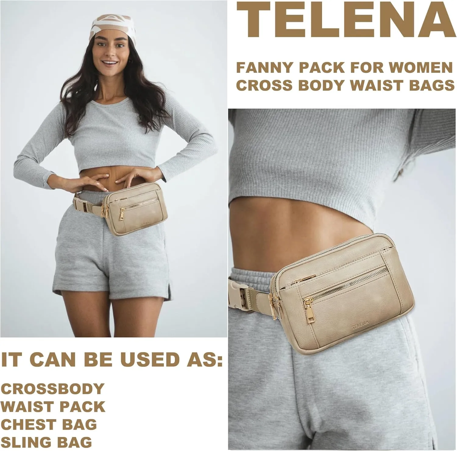 Telena Fanny Packs for Women Cross Body Bag Leather Belt Bag Fashionable Waist Bag with Adjustable Strap Grey
