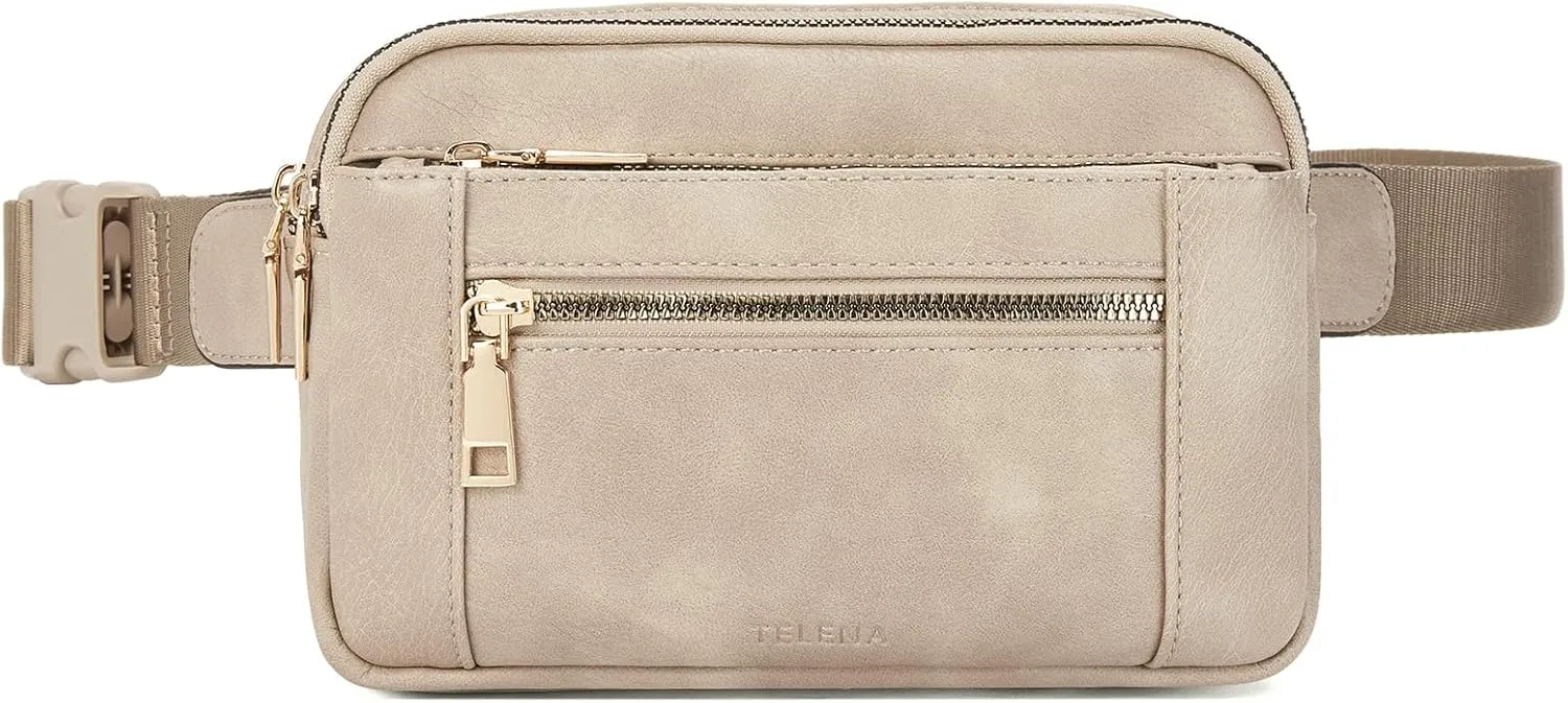 Telena Fanny Packs for Women Cross Body Bag Leather Belt Bag Fashionable Waist Bag with Adjustable Strap Grey