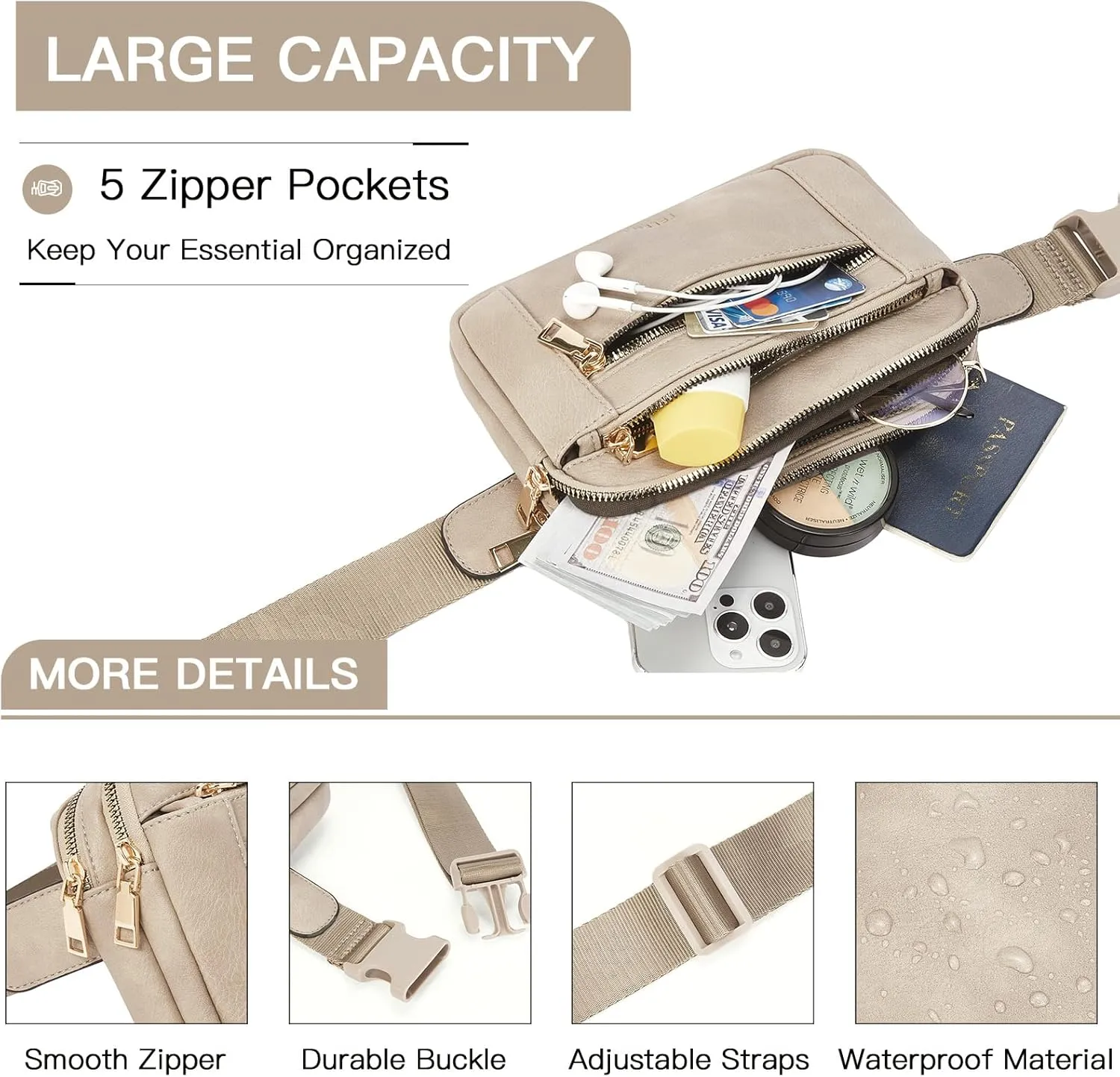 Telena Fanny Packs for Women Cross Body Bag Leather Belt Bag Fashionable Waist Bag with Adjustable Strap Grey