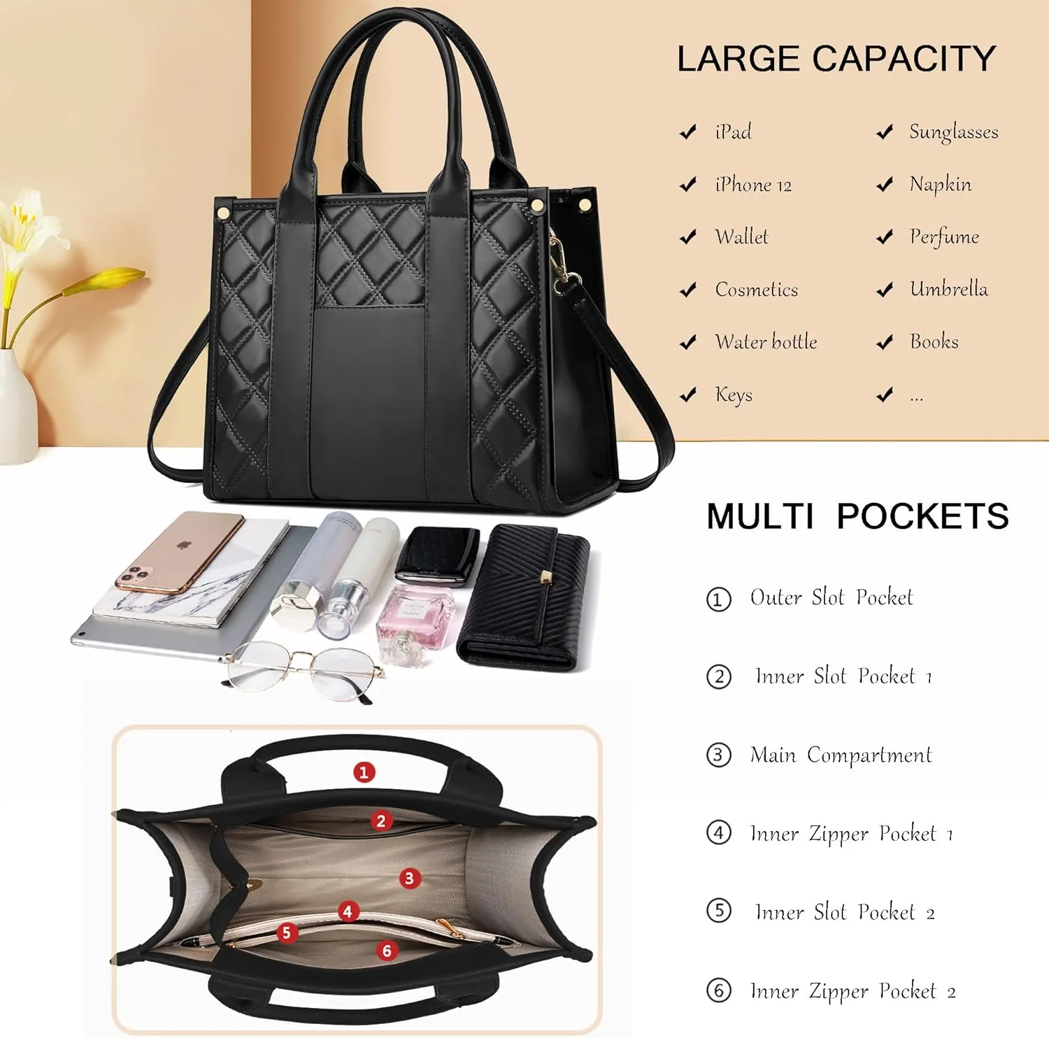 The Tote Bag Crossbody Purses for Women Shoulder Bag Handbags PU Leather Top Handle Bags with zipper