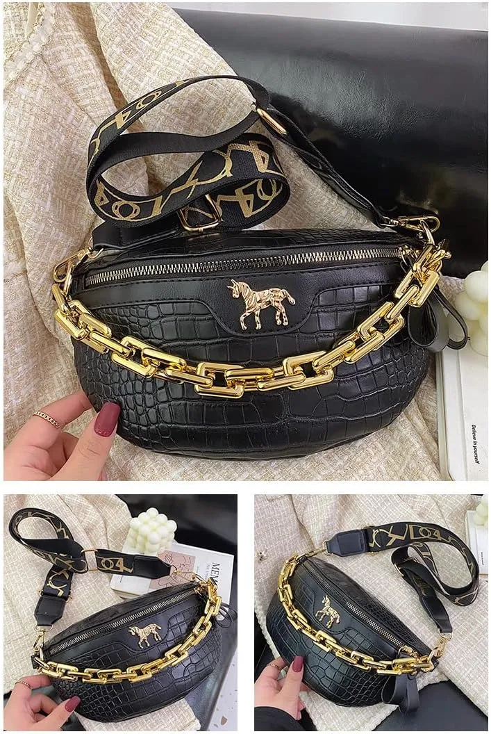 Thick Chain Fanny Pack for Women Small Crossbody Sling Purse Shoulder Chest Bag Belt Bum Bag (black)